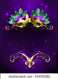 Mardi Gras Gold Mask Of Green And Purple Feathers On Purple Background. 