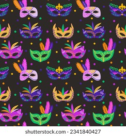 Mardi Gras Masquerade Masks on Midnight Gray Seamless Pattern Design - Powered by Shutterstock