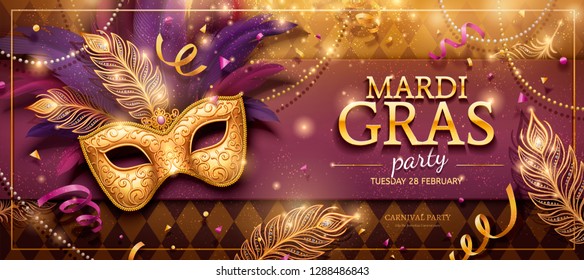 Mardi Gras party banner design with golden masks and purple feathers in 3d illustration - Powered by Shutterstock