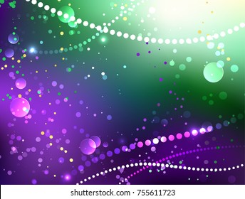 Mardi Gras purple and green background with shiny confetti.