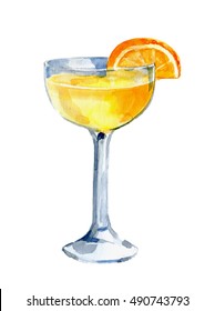Margarita in glass with orange slice. Watercolor. Isolated. Hand drawn illustration.