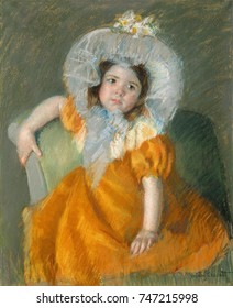 Margot in Orange Dress, by Mary Cassatt, 1902, Impressionist pastel painting, on paper. This canvas is dominated by the bright orange and dull olive green of the background