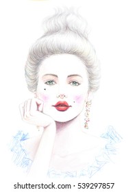 Marie-Antoinette style illustration of a woman in colored pencils