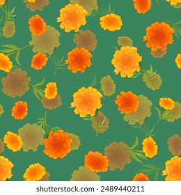 Marigold on green Background. Seamless pattern. Indian holiday Diwali. The illustration with traditional flowers. Can be used as romantic background for web pages, wedding invitations, greeting cards. - Powered by Shutterstock