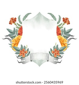 Marigolds with crest and ribbon watercolor illustration. Garden flowers tagetes with frame. Floral arrangement from cempasuchil. Template for Diwali celebration, wedding invitations and save the date - Powered by Shutterstock