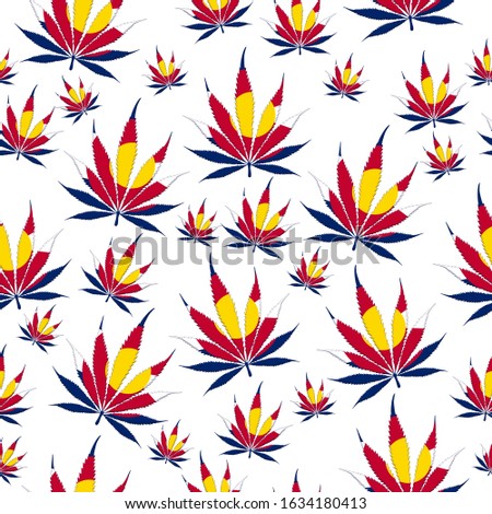 Marijuana leaf seamless and repeat pattern background red, white, yellow and blue for Colorado state flag 3D Illustration