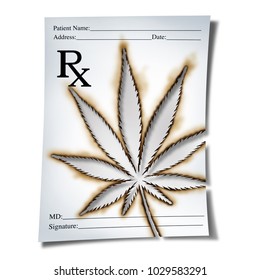 Marijuana Medical Prescription As Cannabis Prescribed By A Doctor As An Rx Note With A Leaf Burnt Into The Paper As A Medicine Symbol For Legalized Weed As A 3D Illustration.