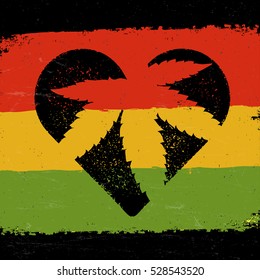 Marijuana silhouette in heart shape. Marijuana leaf and rastafarian flag grunge background