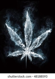 Marijuana in Smoke on Black Background. Computer Design. 2D Graphics