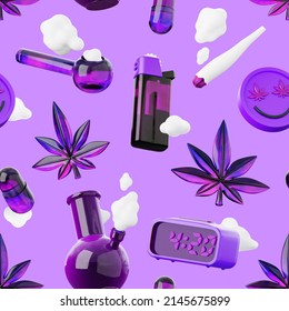 Marijuana smoking devices seamless pattern. Bong, pipe, joint: recreational weed concept 3D style illustration.