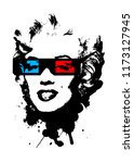 Marilyn Monroe wearing 3D movie glasses. 3D glasses, red and blue. Black splash of black color creating Marilyn Monroe portrait