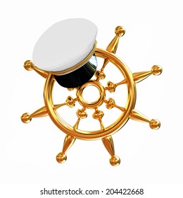 Marine Cap On Gold Marine Steering Wheel On A White Background