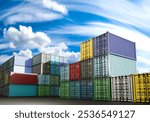 Marine container yard. Open air warehouse. Multi-colored containers for transportation and storage of goods. Container yard for sea transportation. Container warehouse on harbor territory. 3d image