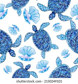 Marine Drawing Turtle And Shell Pearls. Seamless Pattern. Watercolor Drawing On A White Background. Isolate