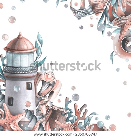 A marine lighthouse with algae, corals, shells and a starfish. Watercolor illustration. Templates from the collection of WHALES. For the design and decoration of prints, posters, stickers, postcards.