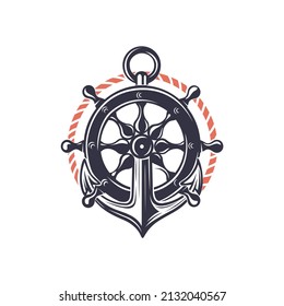 Marine Logo. Anchor And Lifeline. Black And White Illustration.