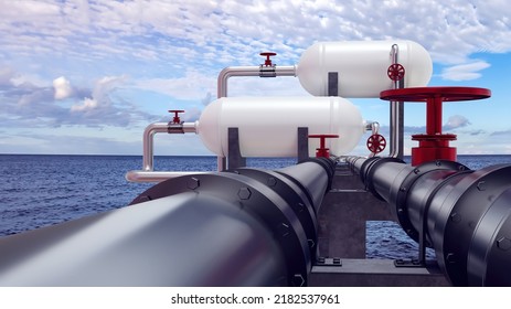 Marine Oil Terminal. Equipment For Loading Fuel On Ships. Oil Pipeline. Pipes With Red Valves In Front Of Sea. Concept Sea Imports Of Energy Resources. Oil Pipeline On Concrete Supports. 3d Image