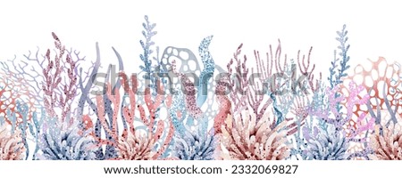  Marine seamless border of underwater marine animals, corals, plants, shells. Marine inhabitants of the underwater world. Marine border on white background