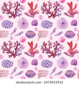 Marine seamless pattern animals, corals, plants, seashell, pearls, mollusk, shells. Watercolor illustration Underwater background. On pink. For fabric, wrapping paper, wallpaper print decor. Summer
