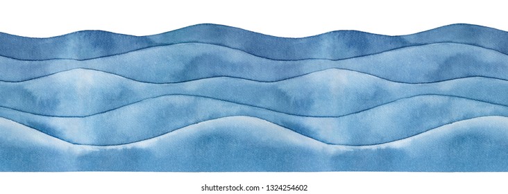 Marine waves watercolour seamless border. Decorative horizontal lines, dark blue colour, beautiful grungy texture. Hand drawn water color on white, isolated abstract element for design decoration.