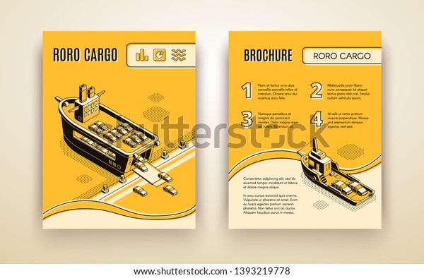 Maritime
international transport company advertising brochure, annual report
isometric page template with RORO cargo ships loaded with cars line
art illustration. Business shipment
infographics