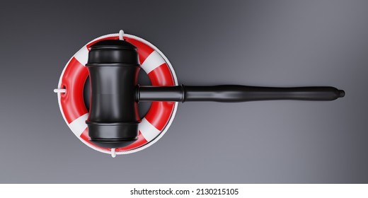 Maritime Law Of The Sea. Navy Ship Lifebuoy And Judge Gavel On Black Background, Top View, 3d Render


