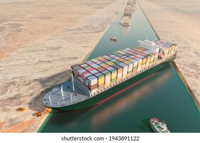 Maritime traffic jam. Container cargo ship run aground and stuck in Suez Canal, blocking world's busiest waterway. Ever given grounding 3D illustration. Cargo vessels traffic jam grows in Suez canal