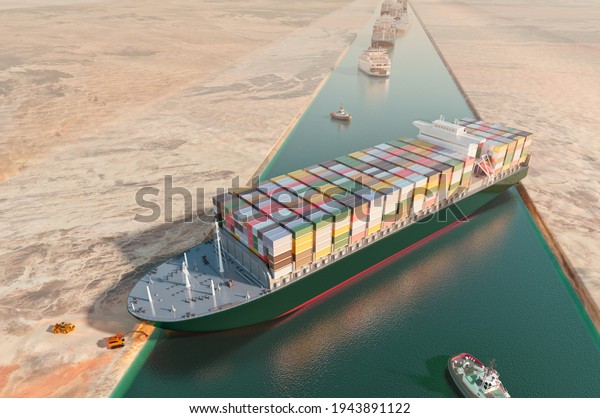 Maritime traffic jam. Container cargo ship run\
aground and stuck in Suez Canal, blocking world\'s busiest waterway.\
Ever given grounding 3D illustration. Cargo vessels traffic jam\
grows in Suez\
canal