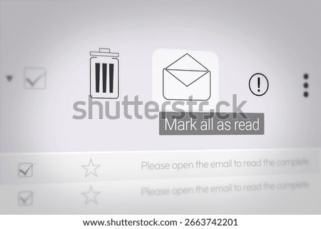Mark all as read email close up sign with blur typography and shapes. Digital, email marketing