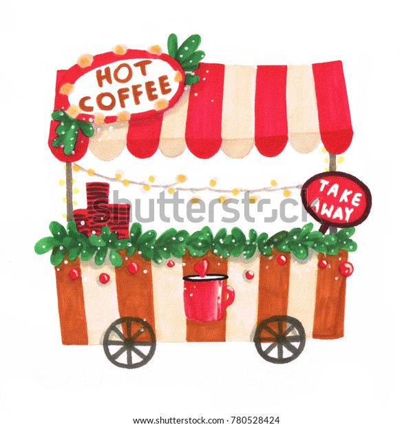 Marker christmas hot coffee cart new year\
green and red  isolated on white\
background