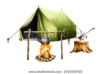 Marker composition with camping axe in wooden stump, campfire with big black kettle and tent. Watercolor style illustration. Mountin equipment for recreation tourism and adverture isolated on white bc