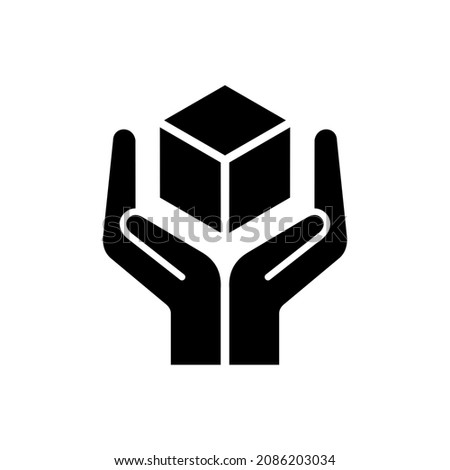 Marker in the form of hands and a box. Indicates Handle With Care. Isolated raster icon for packaging. Warning pictogram.