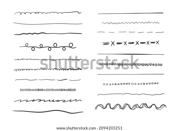 Marker hand-drawn line border set and\
scribble design elements. Set of wavy horizontal lines. Hand drawn\
grunge brush strokes. Set of art brushes for pen.\

