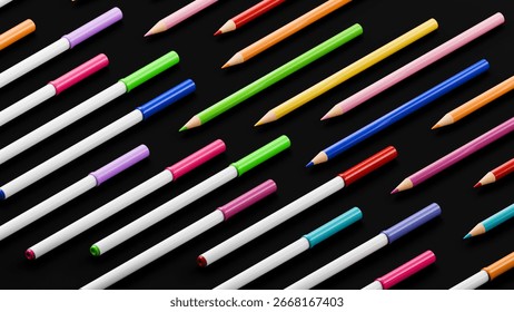 Markers and Pencils in an Array on a Black Background