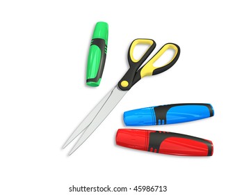 Markers and scissors isolated 3d model