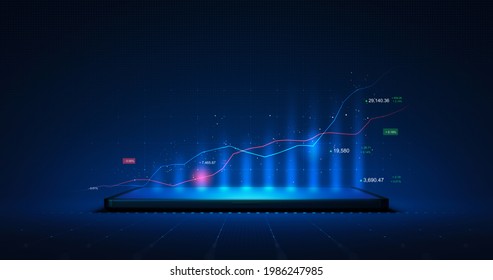 Market Chart Of Business Glowing Stock Graph Or Investment Financial Data Profit On Digital Tablet Screen Display Background With Diagram Exchange Information. 3D Rendering.