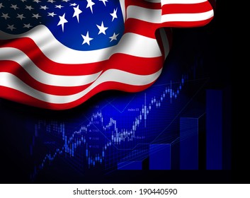Market Financial Data With Flag Of USA, As An Indicator Of Changes In The Economy.  