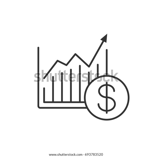 市場成長図の線形アイコン 細い線のイラスト ドル記号の等高線記号を含む統計図 ラスター分離輪郭図面 のイラスト素材
