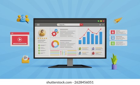 Market research, business data analysis, data management system, SEO analytics concept. KPI, CRM, finance, sales and marketing statistic dashboard on computer screen. 3D illustration
