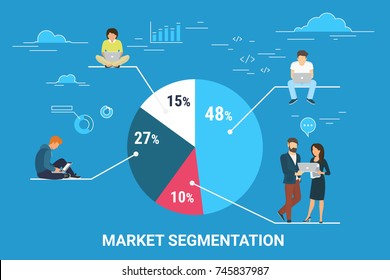 Market Segmentation Infographic Vector Illustration Of Professional People Sitting On Round Diagram With Divided Segments. Flat People Working With Laptop To Develop Business. Blue Business Background