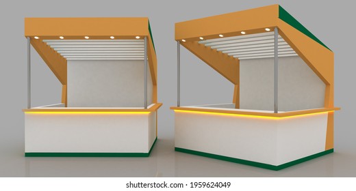 Market Stall Orange And White Awning, Wooden Counter, Kiosk, Stand, 3d Rendering
