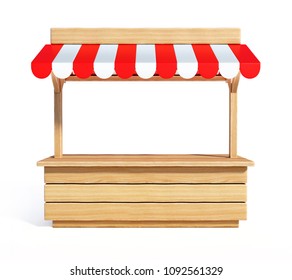 Market stall with striped red and white awning, wooden counter, kiosk, stand, 3d rendering - Powered by Shutterstock