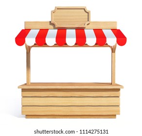 Market stall with striped red and white awning, wooden counter, kiosk, stand, 3d rendering - Powered by Shutterstock