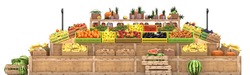 Market Stalls With Fruits And Vegetables, Display Fresh Food, Isolated On White Background, 3d Render
