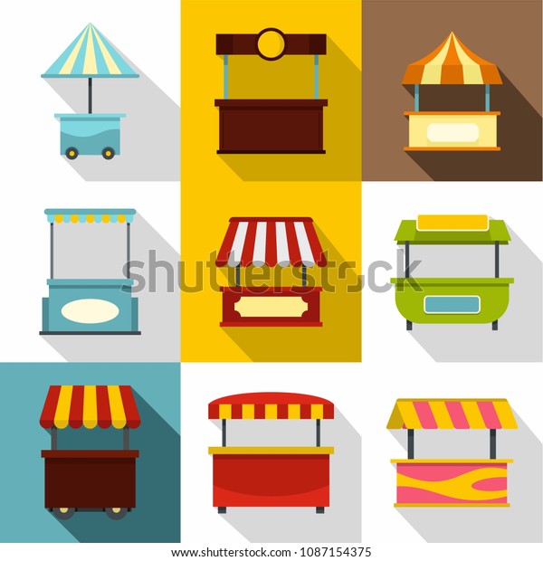 Market tent icon set. Flat style set of 9 market\
tent icons for web\
design