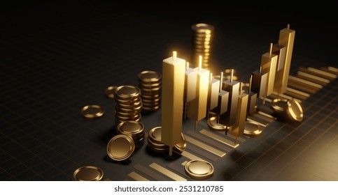 Market trends and investment strategies through a captivating digital infographic that showcases power of a candlestick and gold coin, guiding your financial decisions.  modern 3D render illustration. - Powered by Shutterstock