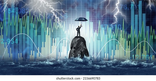 Market Turbulence And Financial Crisis Security Concept As A Volatile Stock Market With Price Volatility As A Businessman Holding An Umbrella As A Business Symbol With 3D Illustration Elements.