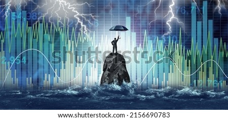 Market turbulence and financial crisis security concept as a volatile stock market with price volatility as a businessman holding an umbrella as a business symbol with 3D illustration elements. Stockfoto © 
