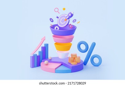 Marketing Advertising On Social Networks. The Goal Is To Attract An Audience And Conduct An Analysis. Funnel With A Percentage, Statistics With A Rocket. 3d Rendering Illustration