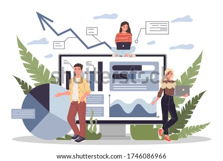 Marketing analysts developing strategy illustration. Office staff studying infographics on dashboard. Marketing specialist making research and analyzing business data.